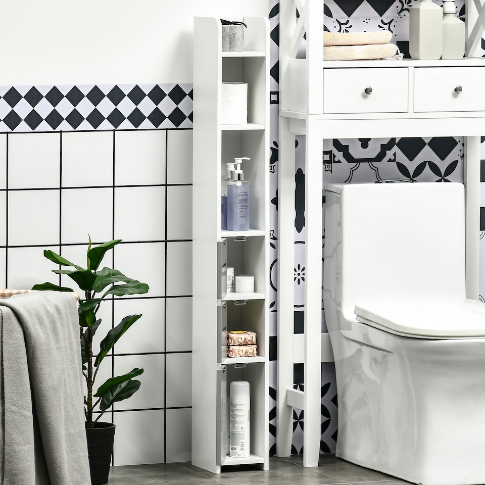 image 1 of kleankin Modern Bathroom Storage Cabinet, Freestanding Tall Bathroom Cabinet with Open Shelves and 3 Cupboards with Door, for Bedroom Hallway, Grey