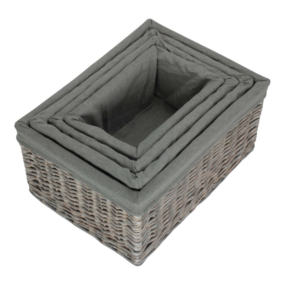 image 1 of Set of 4 Grey Wash Grey Cotton Lined Willow Storage Baskets | Brown | Grey | Not provided | 4