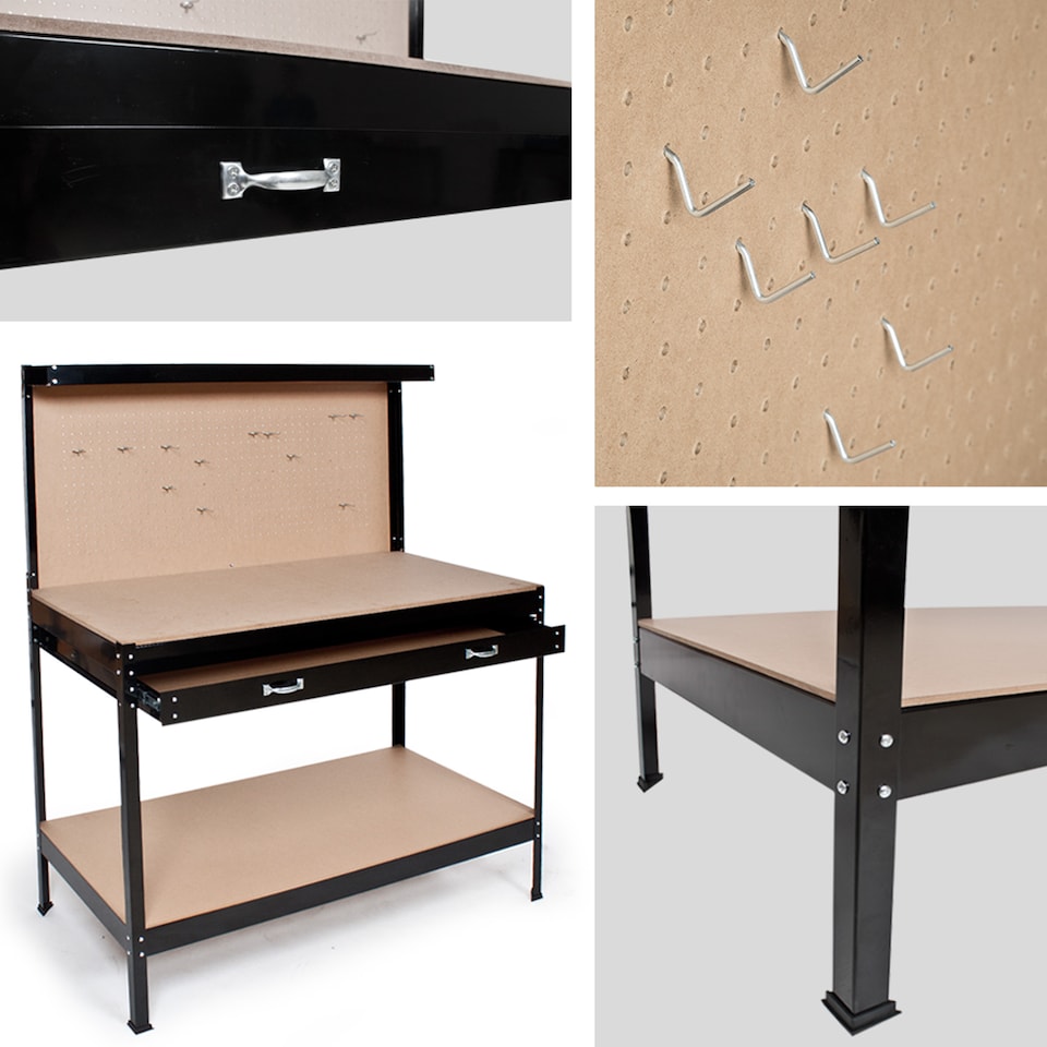 image 1 of Workbench with pegboard, 2 shelves, 1 large drawer, 12 hooks | Black | black | 120 x 60 x 156 cm | 1