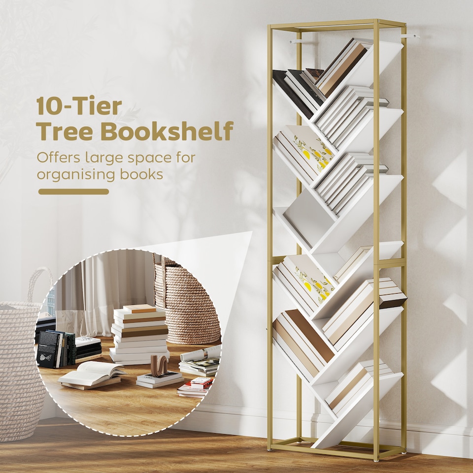 image 1 of HOMCOM Tree Bookshelf, 10 Tier Floor Standing Bookcase, Modern Tall Display Storage Shelving Unit for Living Room, Home Office, Bedroom, White and Gold Tone | White | White and Gold Tone