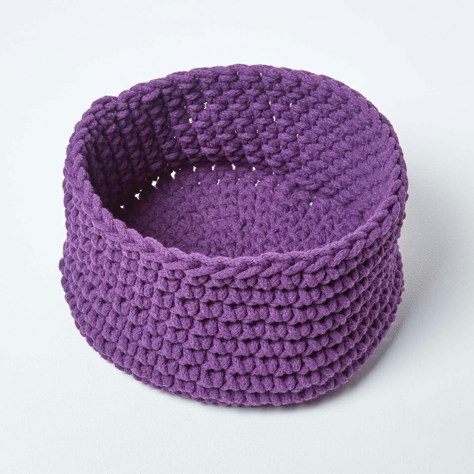 image 1 of Homescapes Deep Purple Cotton Knitted Round Storage Basket - 37 x 21 cm Purple | M