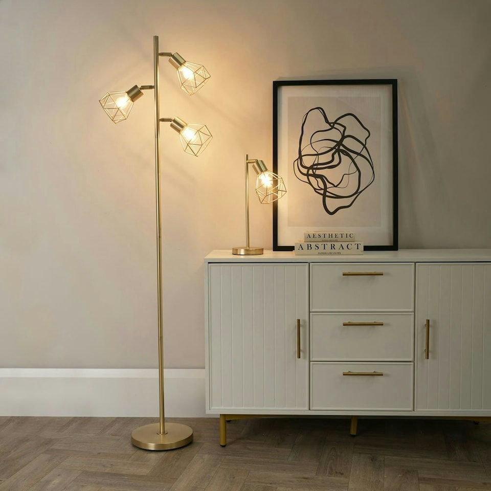 image 1 of ValueLights Angus Adjustable Brushed Gold Metal Geometric Basket Shade Table Lamp