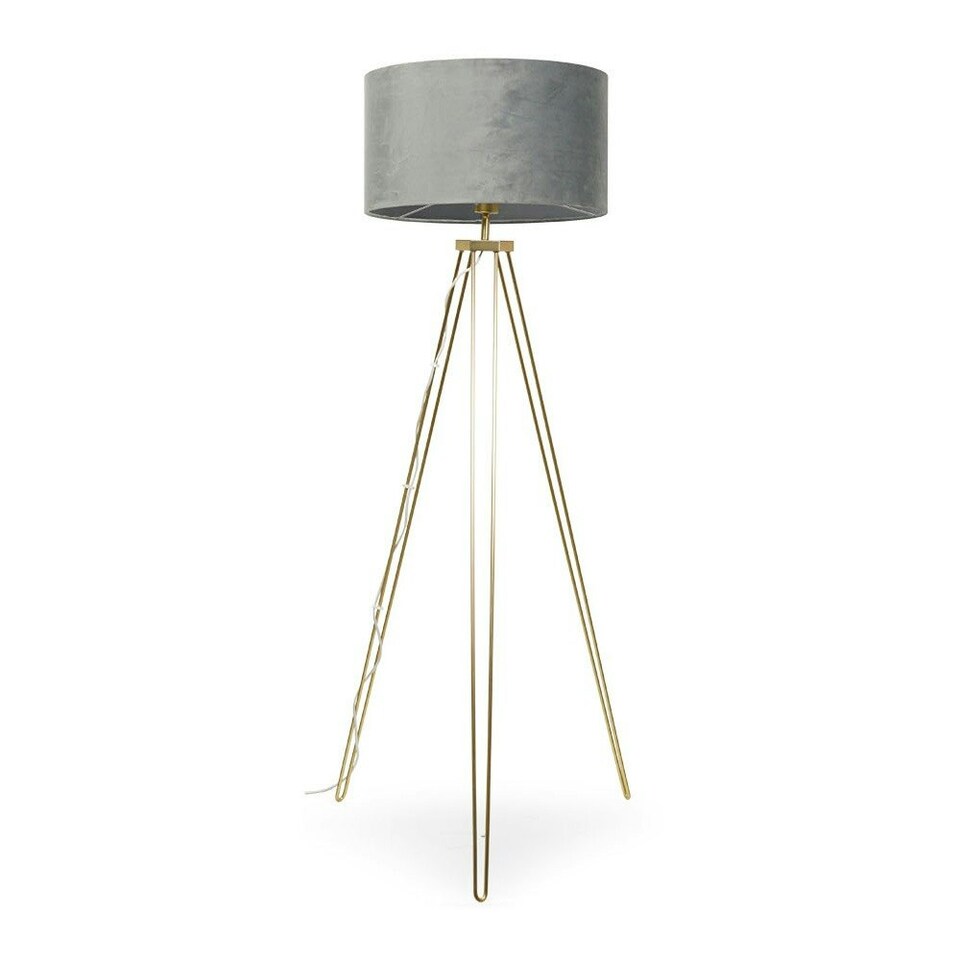 image 1 of ValueLights Aero Polished Gold Floor Lamp with Large Grey Drum Shade and LED Bulb | Grey