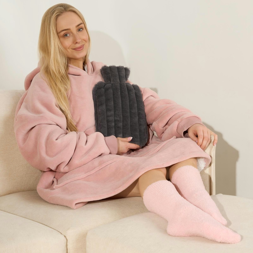 image 1 of OHS 2L Hot Water Bottle & Soft Plush Faux Fur Ribbed Cover - Charcoal