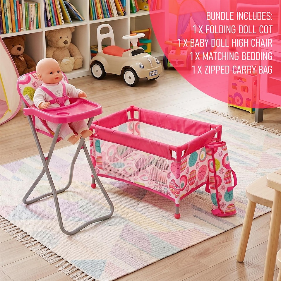 image 1 of BiBi Doll Folding Travel Nursery Set High Chair Cot Bed Pink Doll Accessories for 20 Inch Dolls
