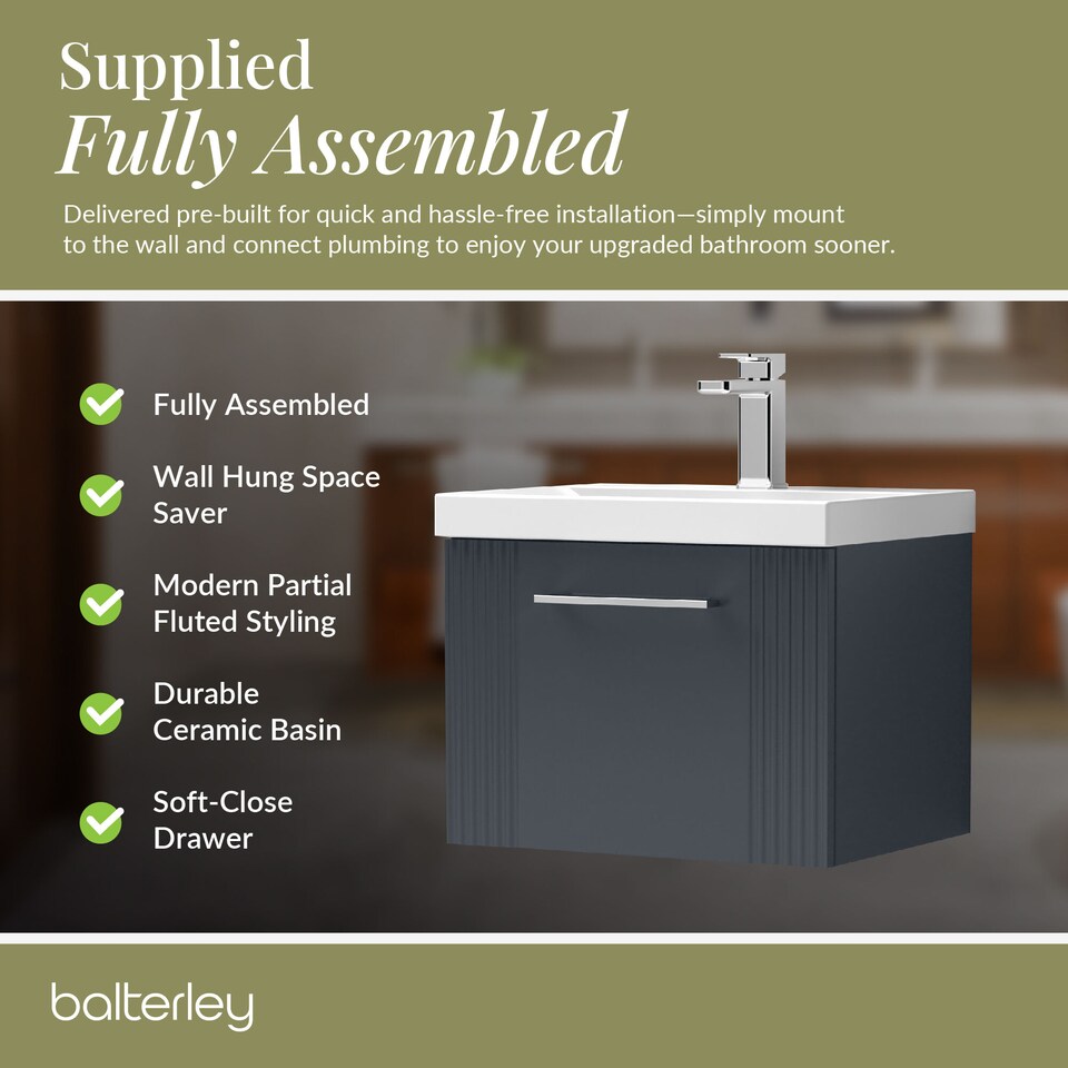 image 1 of Balterley Partial Fluted 1 Drawer Wall Hung Vanity Unit with Mid-Edge 1 Tap Hole Ceramic Basin | Grey | Satin Soft Black