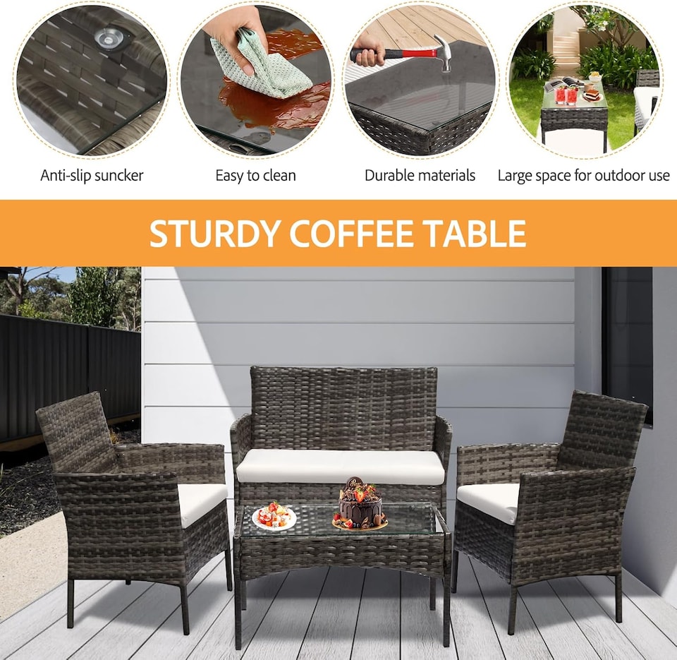 image 1 of Grey 4 Seater Rattan Dining Set with Soft Cushions