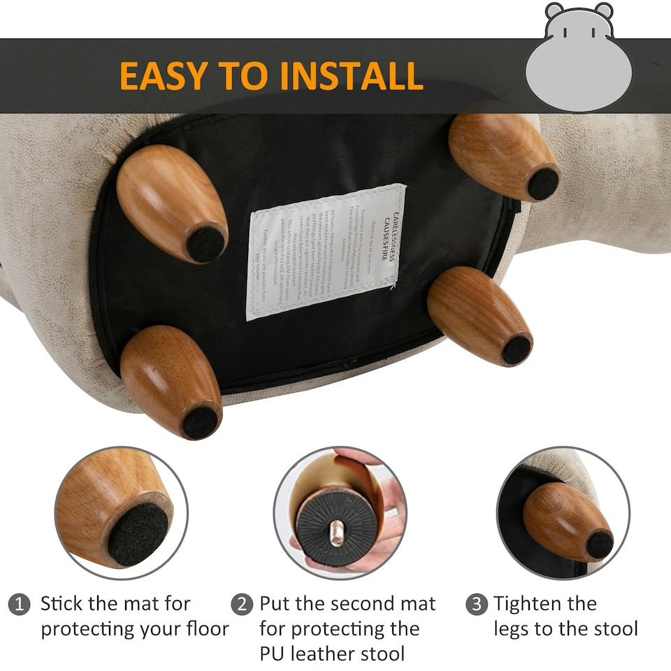 image 1 of HOMCOM Hippo Storage Stool Cute Decoration Footrest Wood Frame Legs Cream