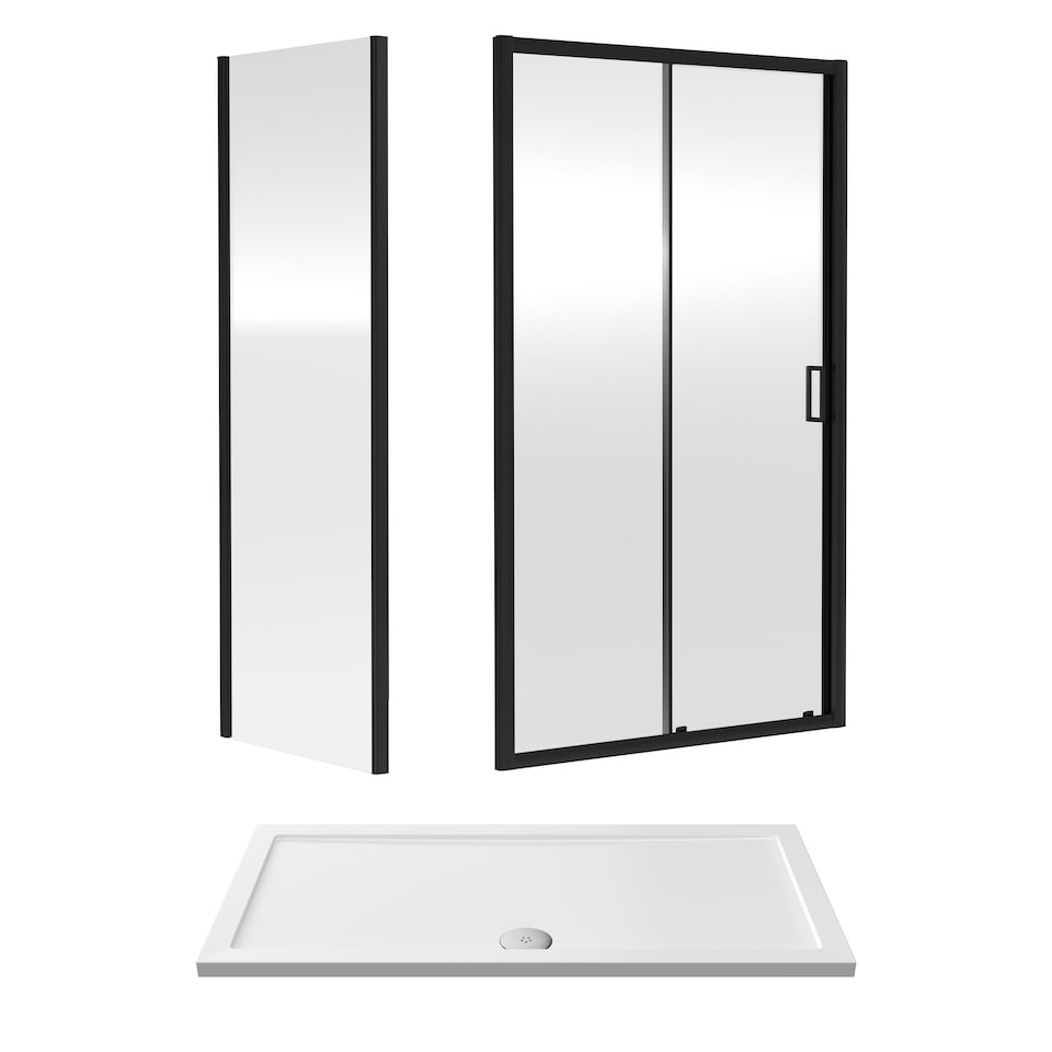 image 1 of Balterley Sliding Shower Suite with 6mm Safety Glass Door, Side Panel & 1400 x 700mm Shower Tray in Matt Black Frame | Black | Matt Black | 3