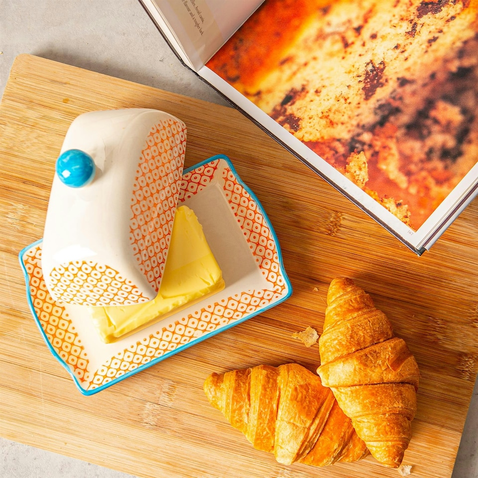 image 1 of Nicola Spring Hand-Printed Butter Dish - 18.5 x 12cm - Orange