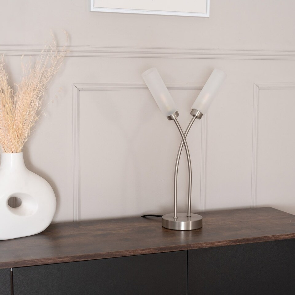 image 1 of ValueLights Maya Brushed Chrome 2 Way Curved Cross Over Table Lamp | Silver