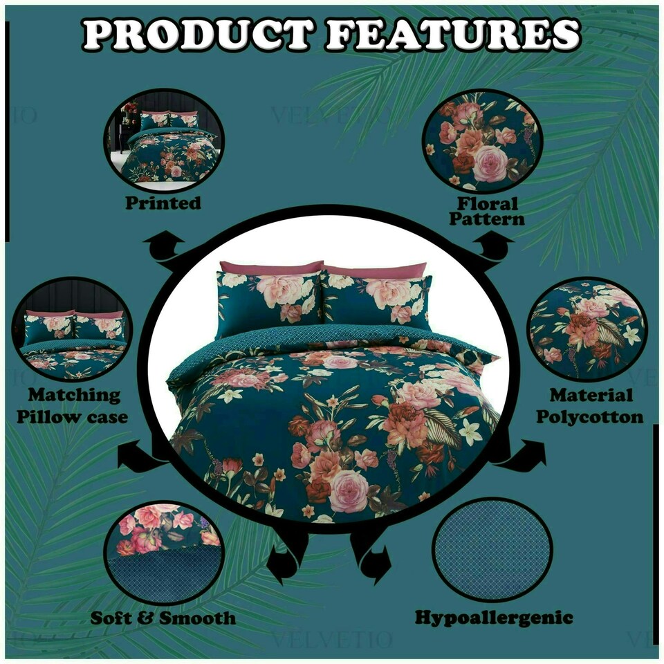 image 1 of VELVETIO Flora Printed Duvet Cover Set Reversible Polycotton Easy Care Beddings Purple | Double