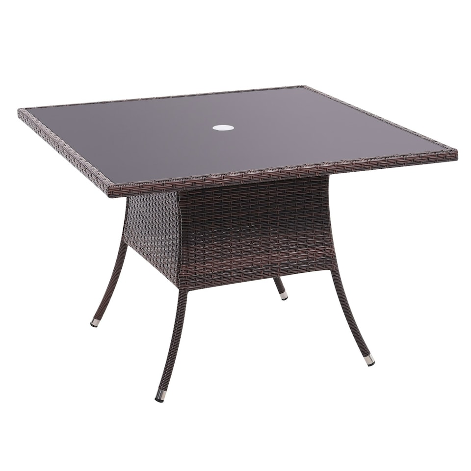 image 1 of Living and Home Square Wicker Tempered Glass Table with Parasol Hole - Brown Brown