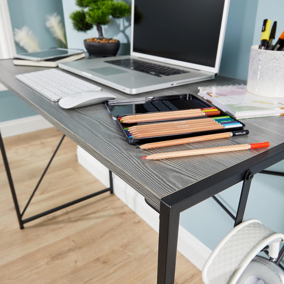 image 1 of Folding Compact Desk Storage Hook Wood Metal Office Computer Table Workstation | Grey