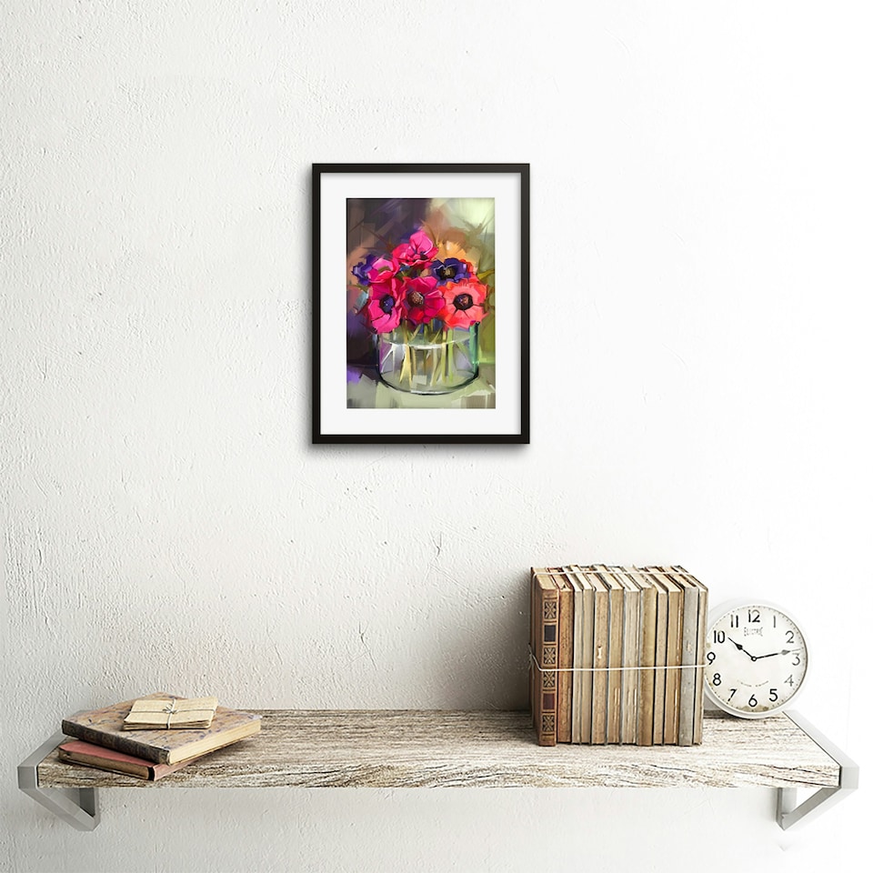 image 1 of Anemone Flower Bouquet In Vase Floral Still Life 9x7" Black Framed Wall Art Print