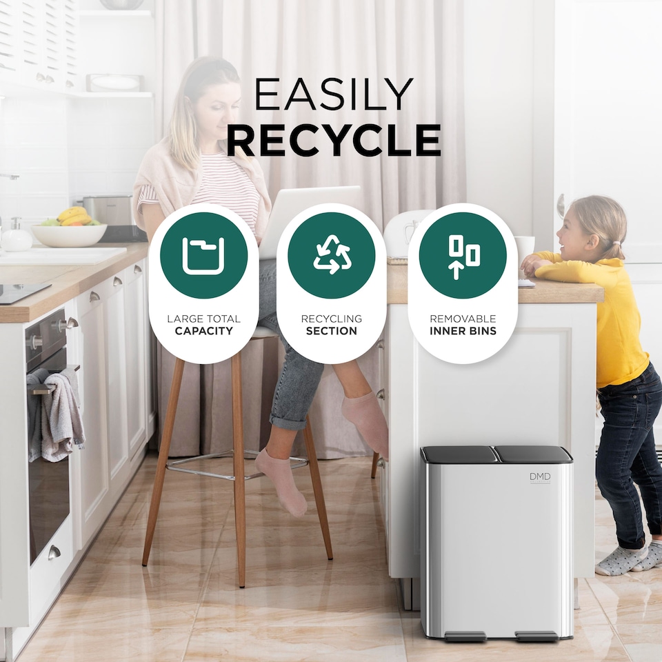 image 1 of DMD 30L Stainless Steel Recycling Bin, 2 x 15L Removable Plastic Recycling Buckets | Silver | Silver