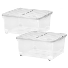 1 x 30 Litre Strong Stackable Home Office Folding Split Lid Storage Container With Wheels Clear