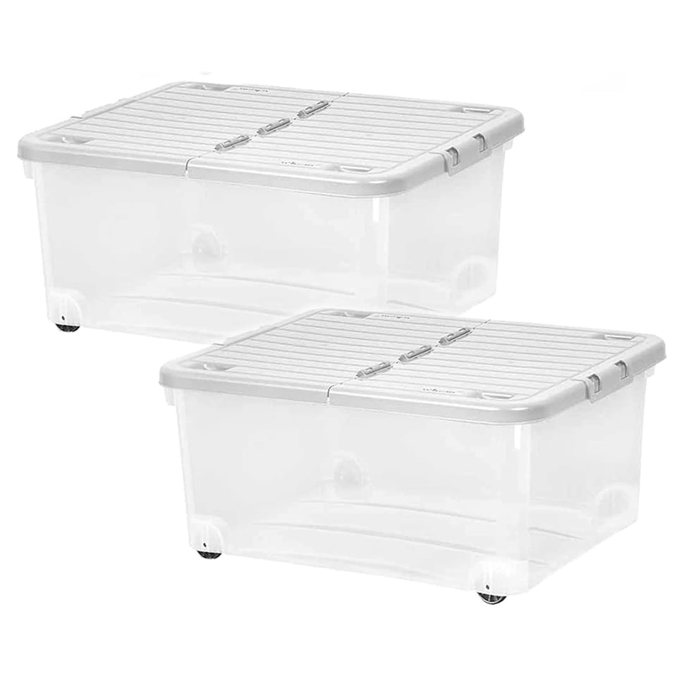 image 1 of 1 x 30 Litre Strong Stackable Home Office Folding Split Lid Storage Container With Wheels Clear
