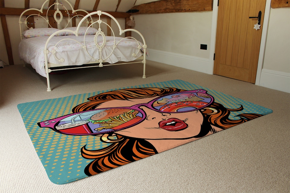 image 1 of Woman With Sunglasses. Fast Food And Sweets In The Reflection Designer Rug | Multi