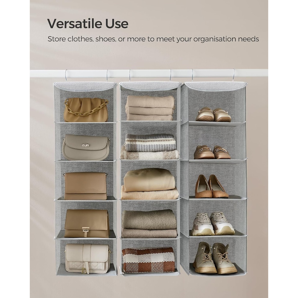 image 1 of Hanging Wardrobe Storage Organiser with Bamboo Detail, Space Saving Closet Shelf, Light Grey