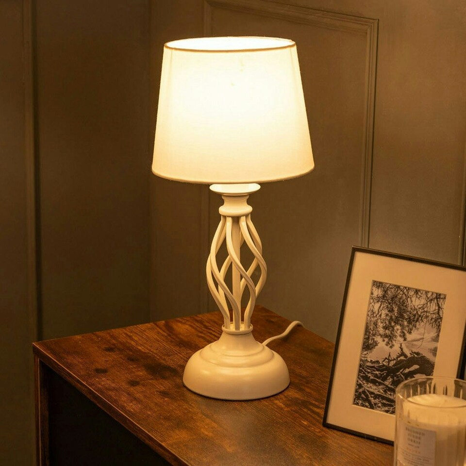image 1 of ValueLights Memphis Pair of Cream Twist Table Lamps with a Fabric Lampshade Bedside Light - Bulbs Included