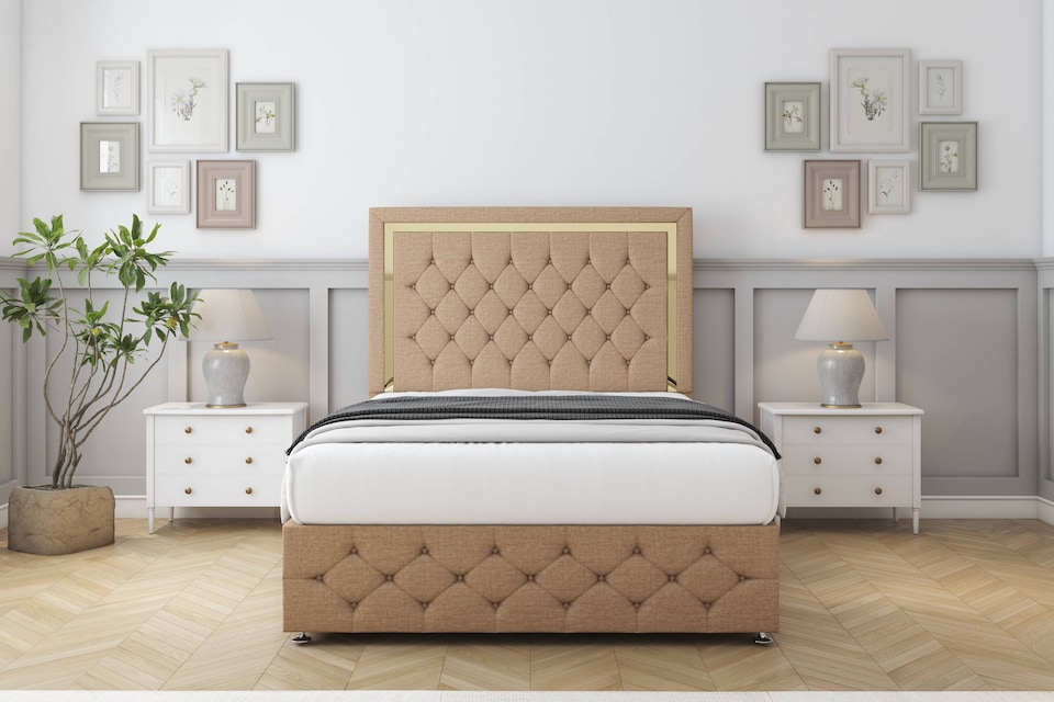 image 1 of Sloomy Sofia Gold Latte Dumfries Divan Bed Base 2 Drawers Right Side With 54 Inch Floor Standing Headboard & 12 Inch Matching Footboard | Brown | Latte | Double | 1