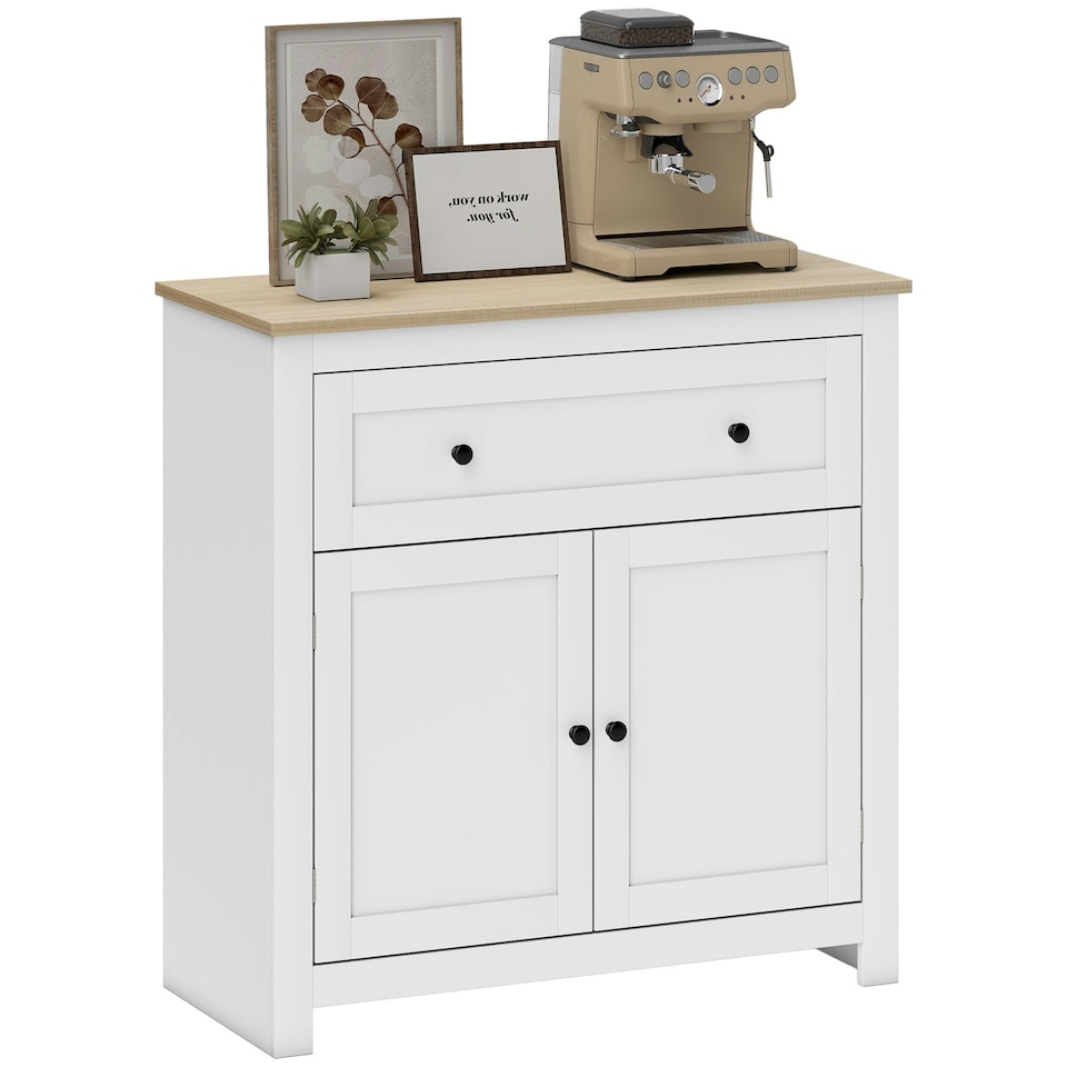 image 1 of HOMCOM Sideboard Storage Cabinet with Adjustable Shelf, Drawer, White White | Oak top, Black handles