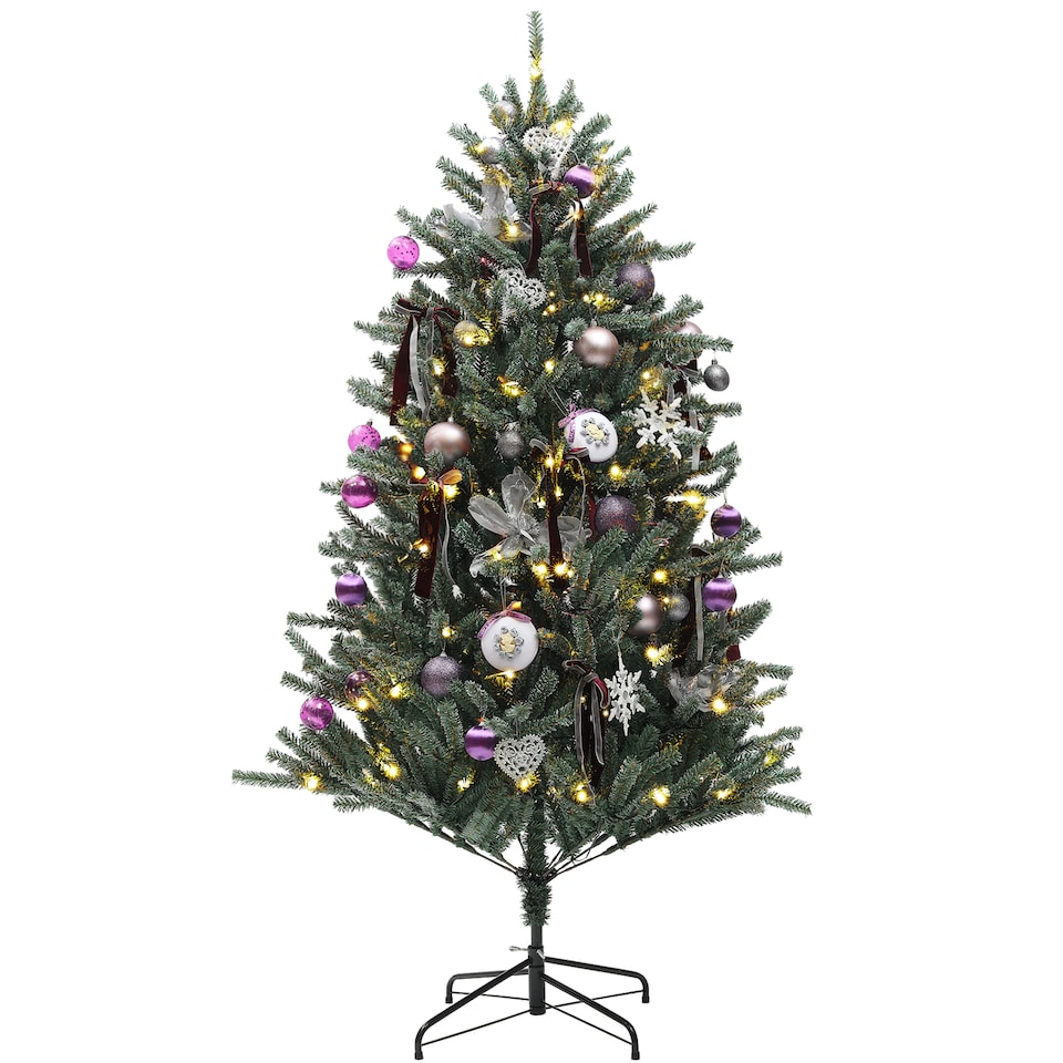 image 1 of HOMCOM 5ft Artificial Prelit Christmas Tree with Warm White LED Lights and 486 Tips, Metal Stand, Xmas Tree with Purple Ornaments for Home Office Holiday