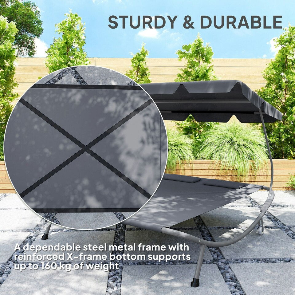 image 1 of Outsunny Garden Double Hammock Sun Lounger Day Bed Canopy w/ 2 Pillows Grey | Light Grey