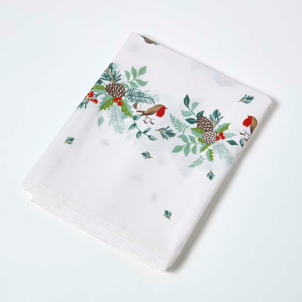 image 1 of Homescapes Robin Christmas Tablecloth - 132 x 229 cm | White | 132 x 229 cm