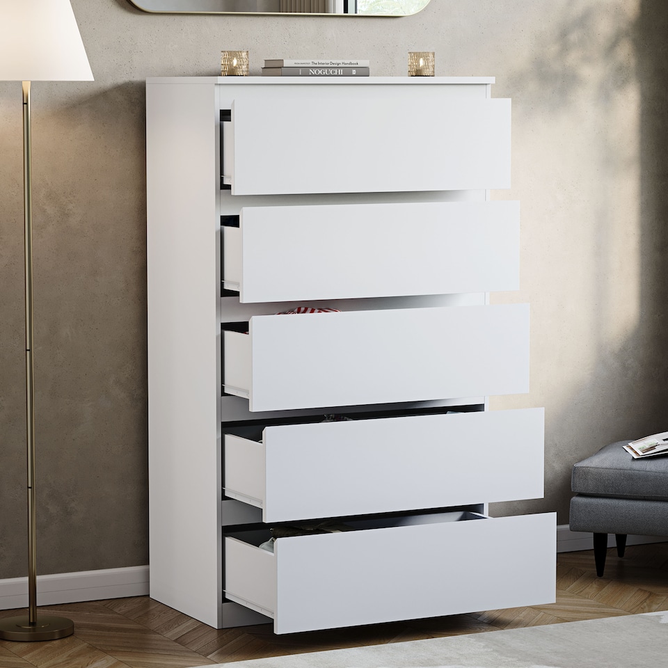 image 1 of Vida Designs Denver 5 Drawer Chest of Drawers Bedroom Storage, White