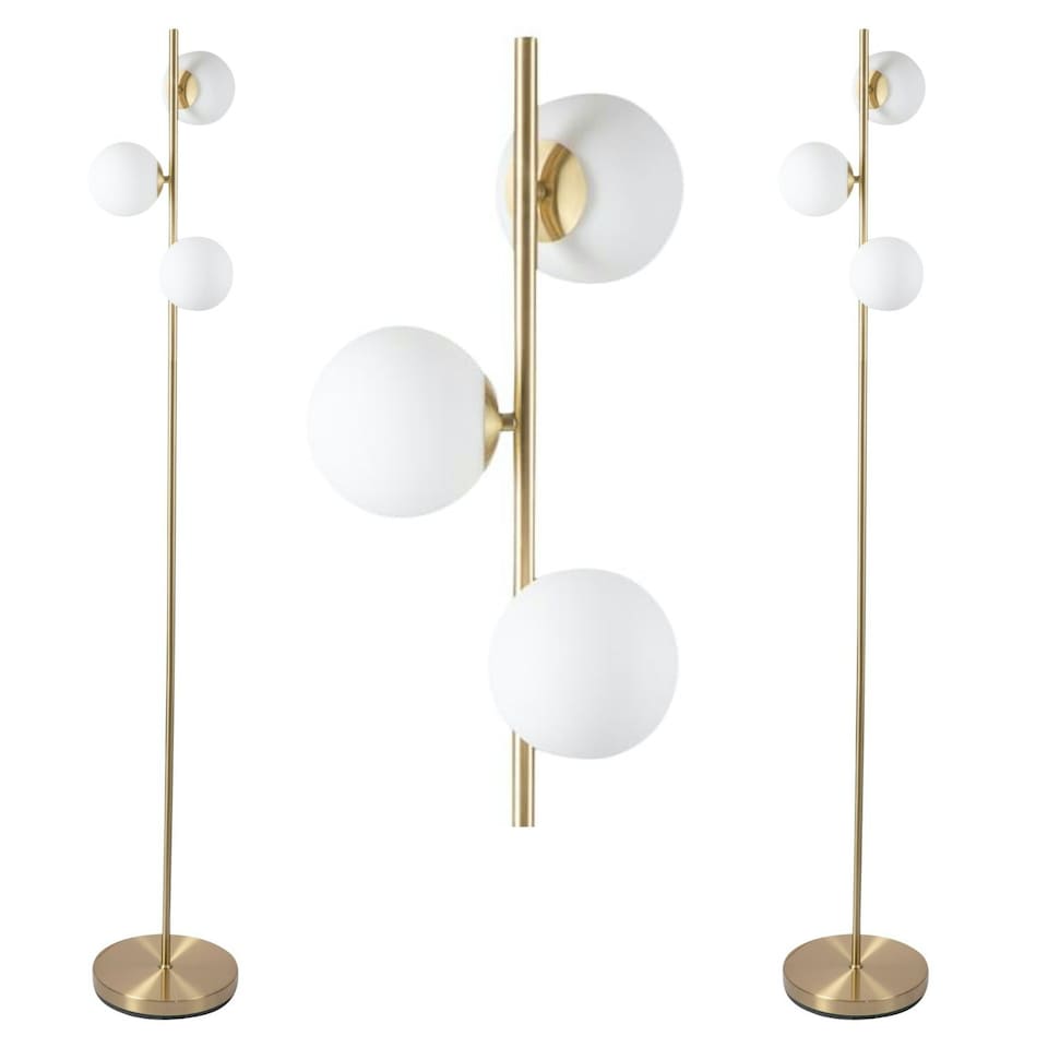 image 1 of First Choice Lighting Pair of Satin Brass Floor Lamps with Opal Globe Shades Bronze
