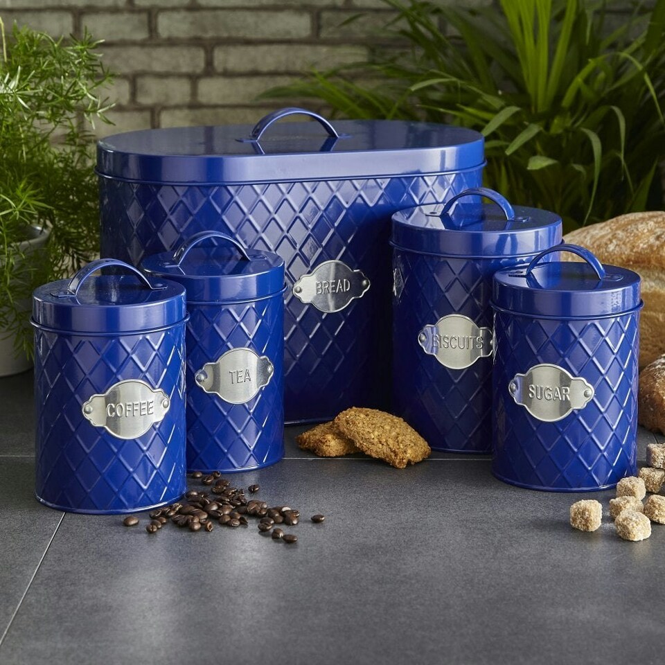 image 1 of Navy Embossed 5 Piece Kitchen Canister Set