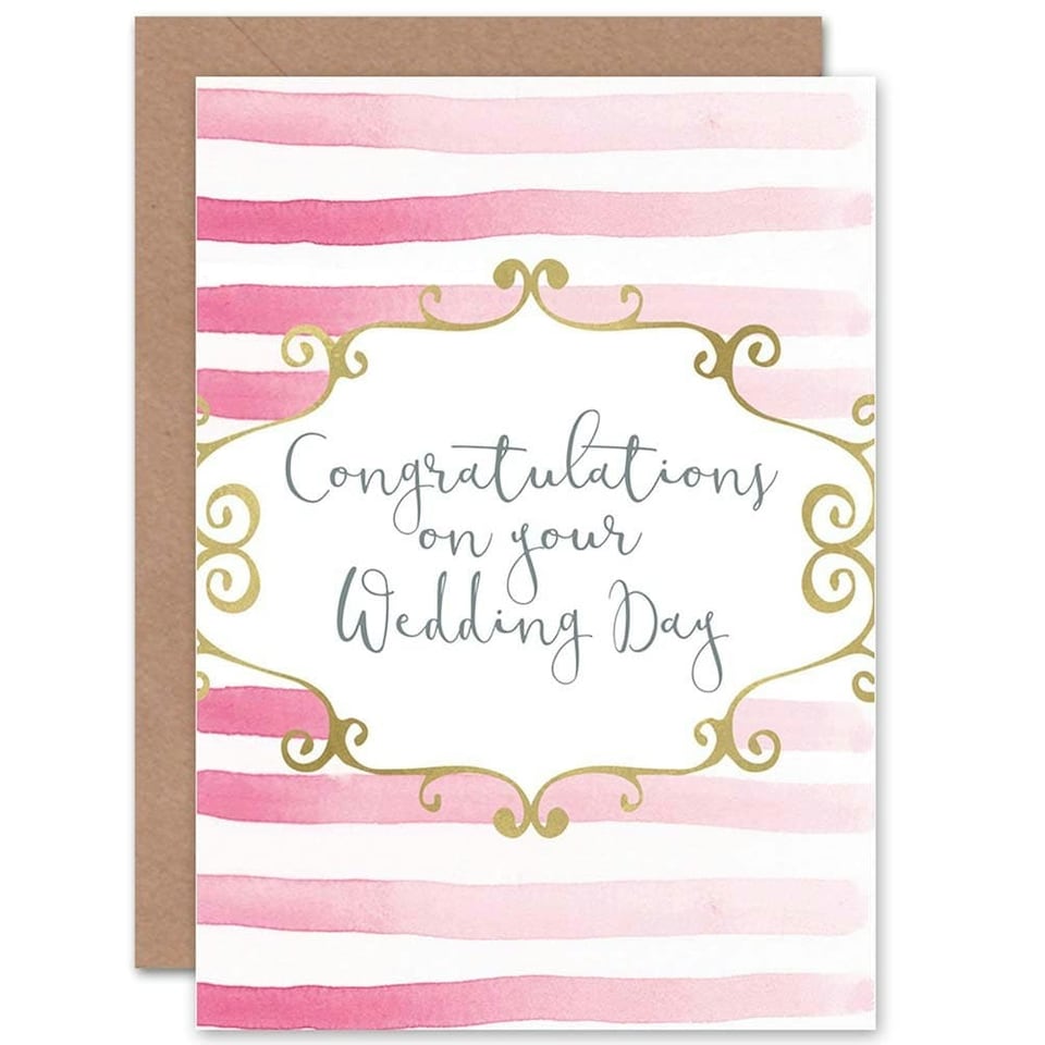 image 1 of Pink Stripes Simple Gold Filigree Frame Congratulations Wedding Card