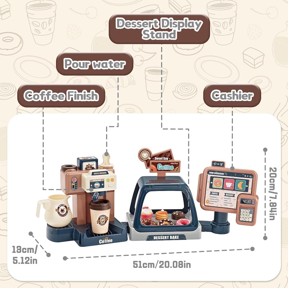 image 1 of Pretend Kitchen Coffee Playset with Cash Register, Coffee Maker & Accessories - Toddler Role Play Toy for Kids 3 plus