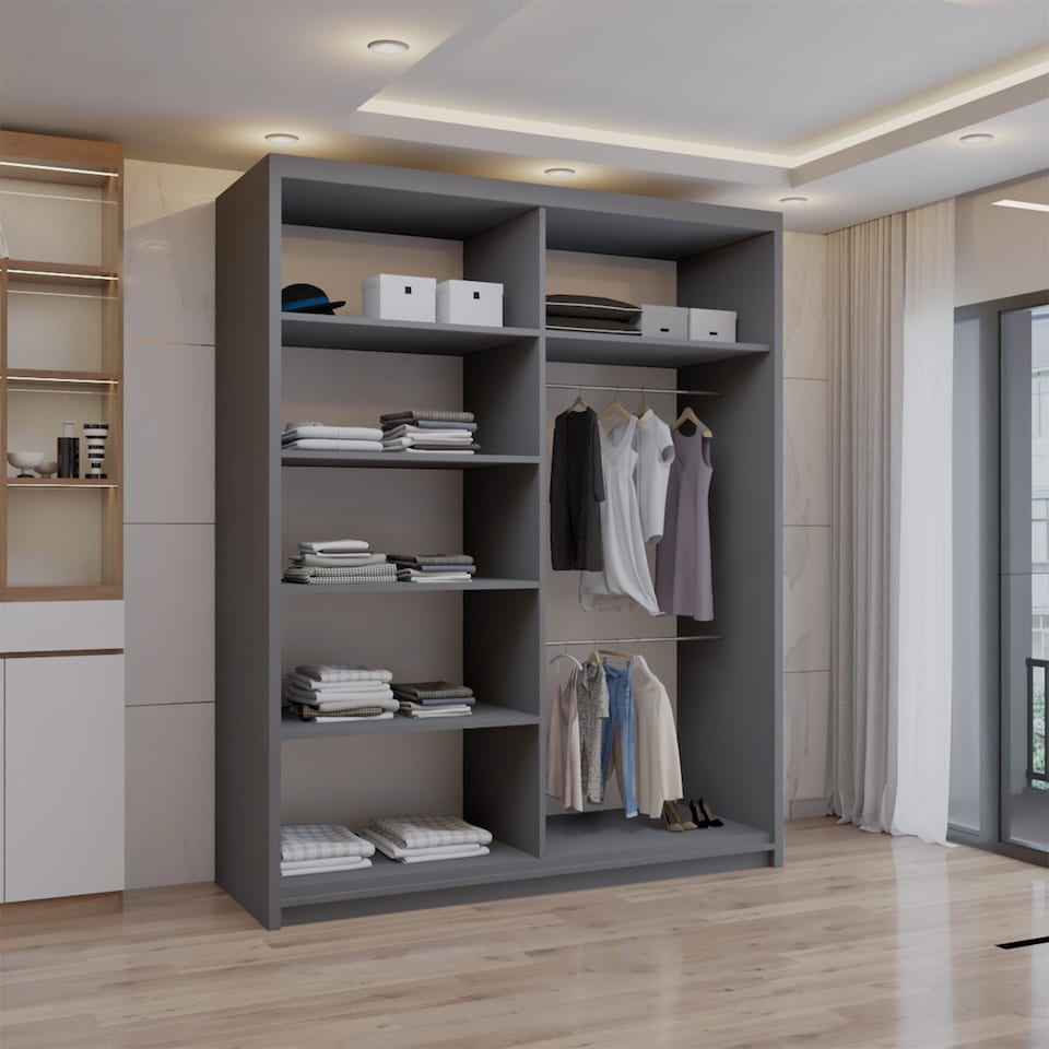 image 1 of Sliding wardrobes 4U Modern Full Mirror Sliding Door Wardrobe Multi Size (90-203cm) & Color Options | Grey | Grey 150cm | 150cm