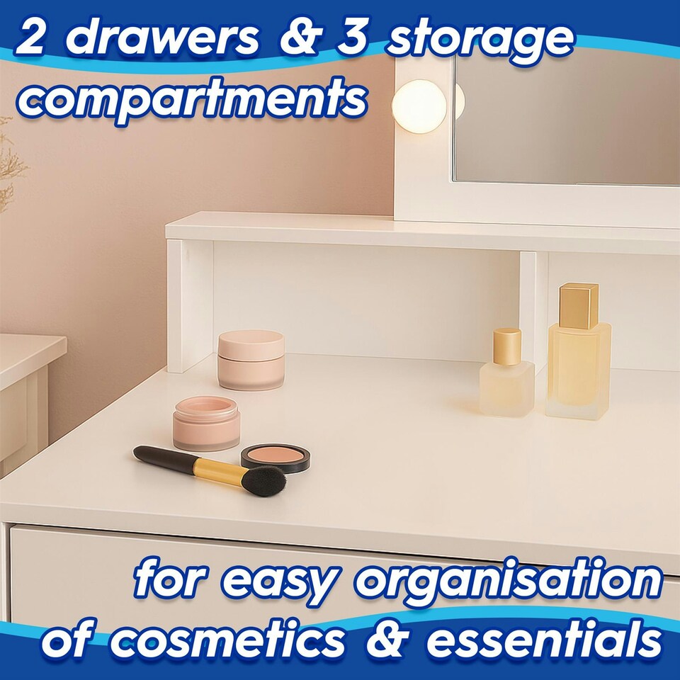 image 1 of Harbour Housewares Wooden Dressing Table with LED Lights - White White