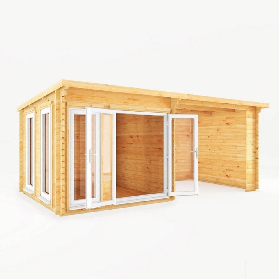 image 1 of 6 x 3 m Studio Pent Log Cabin with Patio Area, White UPVC Windows and Doors - 44 mm Timber - L333.5 x W591.1 x H249.4 cm - Brown Brown