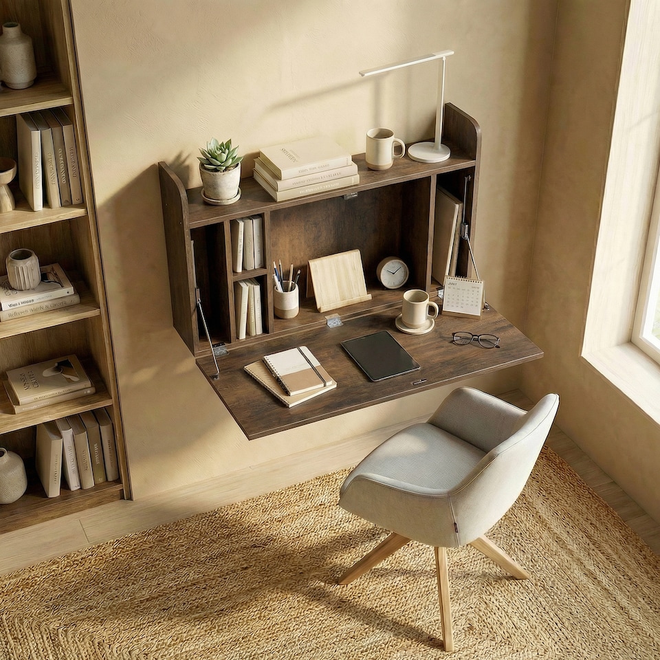 image 1 of HOMCOM Wall Mounted Table w/ Space Saving Storage Compartments