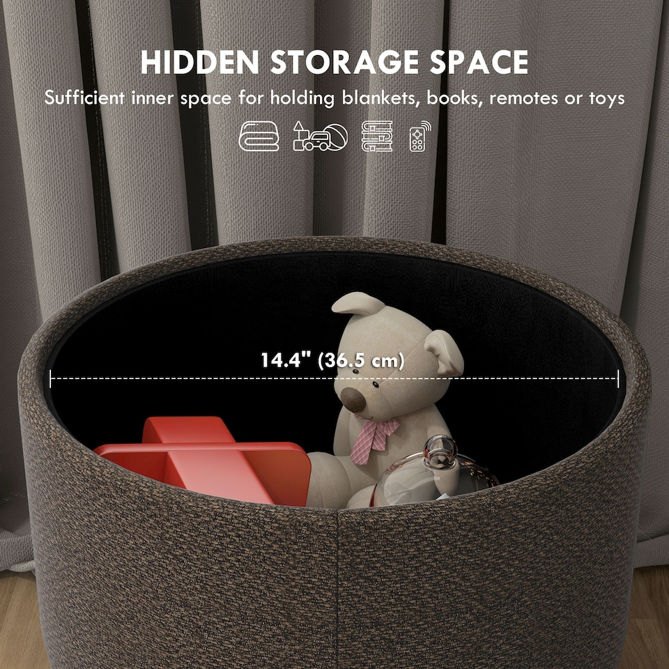 image 1 of HOMCOM Round Storage Stool, Linen Fabric Upholstered Foot Stool with Removable Top, Padded Seat, Hidden Space and Wooden Legs for Living Room, Brown