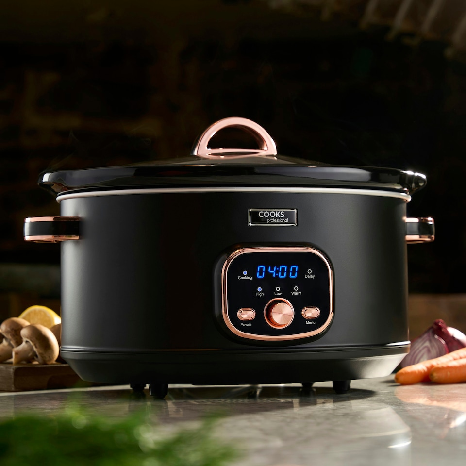 image 1 of Cooks Professional Digital Slow Cooker 6.5L with Dishwasher Safe Bowl, 2 Heat Settings, Keep Warm & Delay Functions | Black & Rose Gold