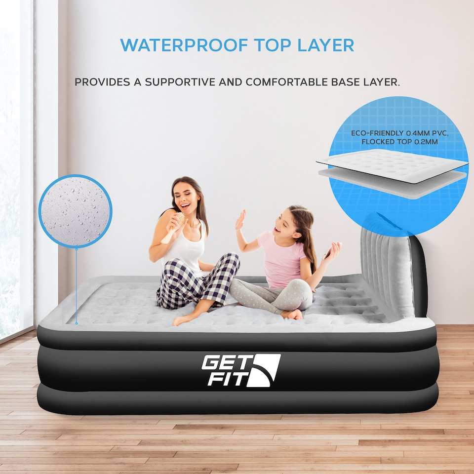image 1 of Get Fit Air Bed With Built In Electric Pump - Premium Double Airbed - Quick Blow Up Bed With Headboard & Free Inflatable Pillow | Black | Black / Grey | 1