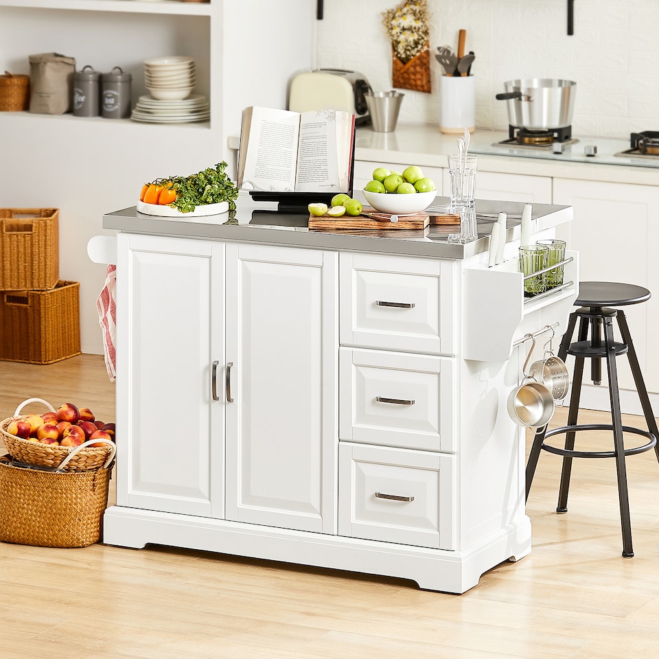 image 1 of SoBuy Extendable Kitchen Island on Wheels with Stainless Steel Worktop, White, 51.2x18.1/28.0x35.8 inches, 27.3 kg - FKW41-ST