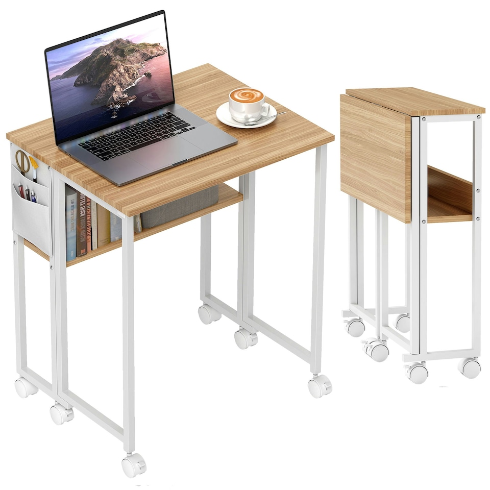 image 1 of HOMCOM Folding Desk with Storage Shelf and Bag, 63 cm Foldable Computer Desk for Small Spaces, Space Saving Writing Table on Wheels for Home Office, Bedroom, Easy Assembly, White | White