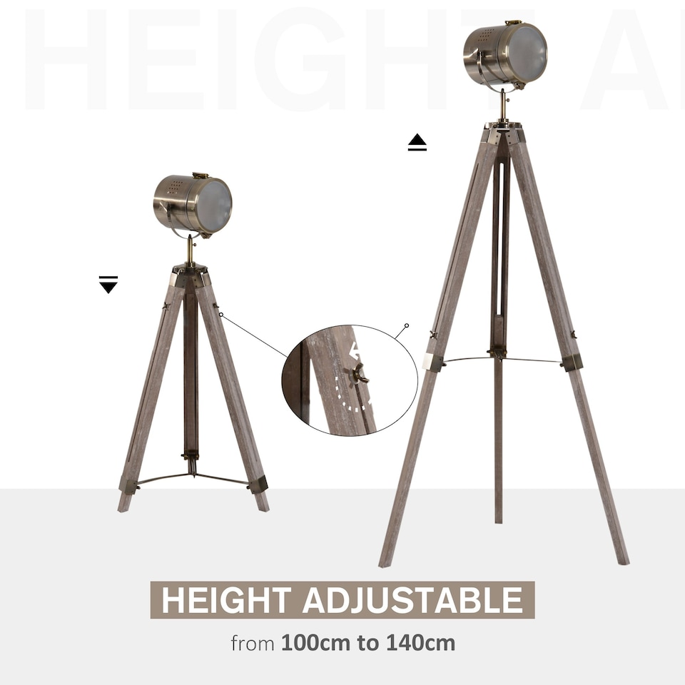 image 1 of HOMCOM Industrial Tripod Floor Lamp Wood Height Adjustable Spotlight Bronze