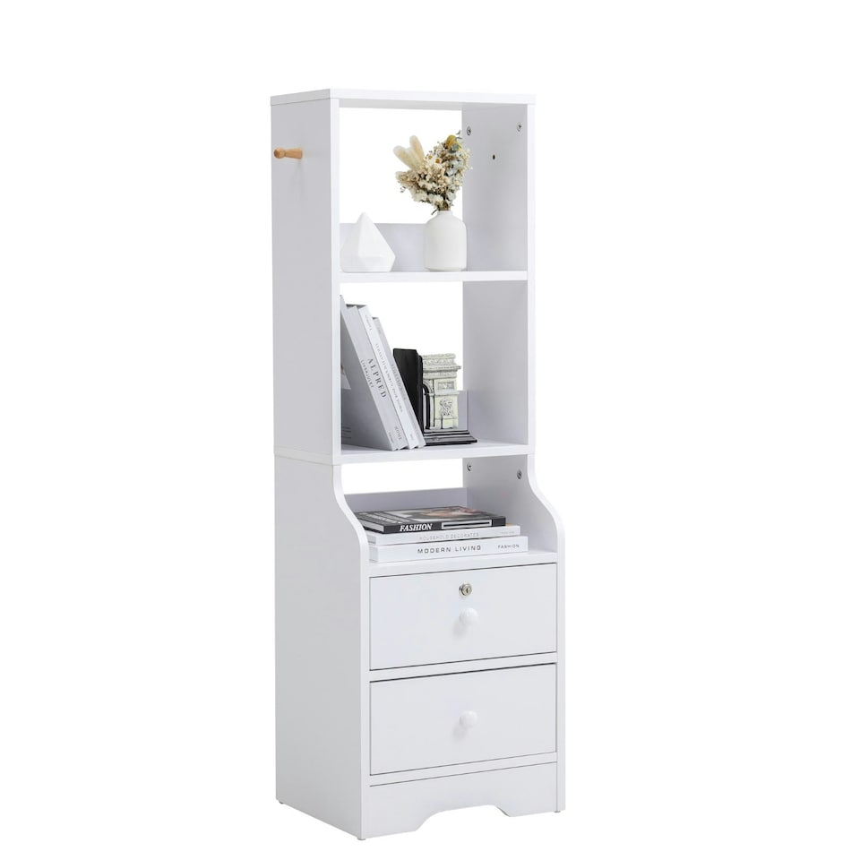 image 1 of Living and Home 3-Tier Slim Storage Shelving Unit with Lockable Drawer - White