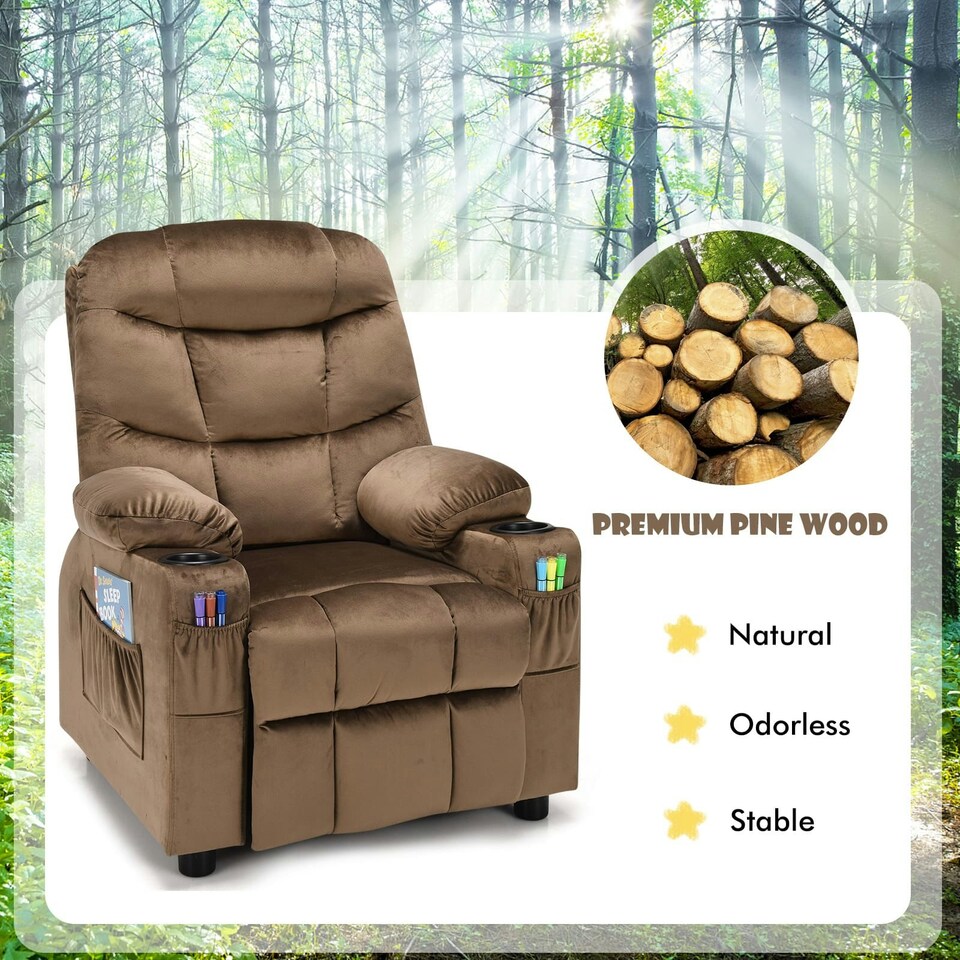 image 1 of COSTWAY Kids Recliner Chair Velvet Adjustable Sofa Chair Coffee Brown