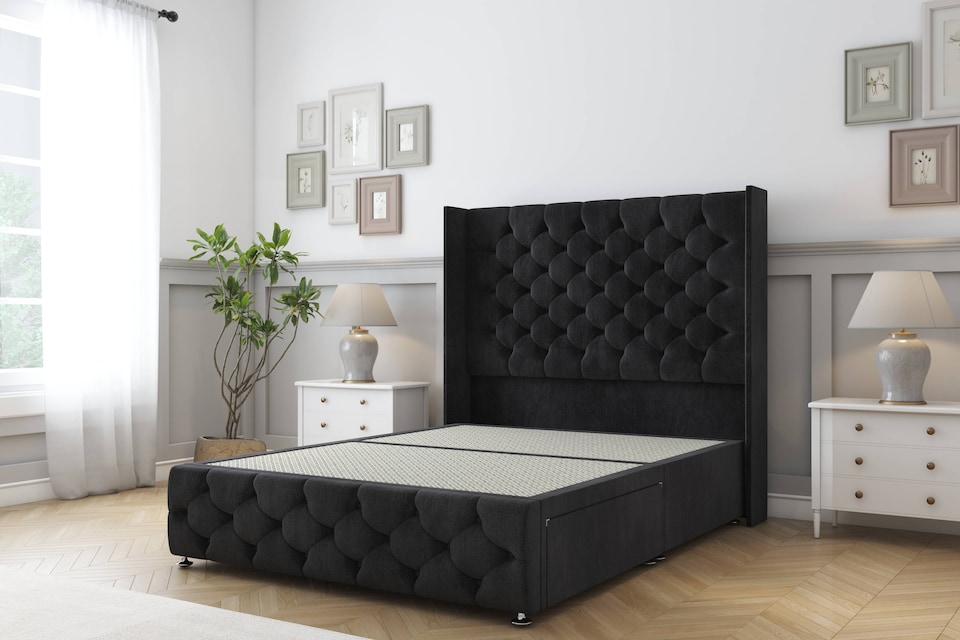 image 1 of Sloomy Luthor Black Naples Divan Bed Base 2 Drawers Foot-End With 54 Inch Wingback Headboard & 12 Inch Matching Footboard | Black | Black | King | 1
