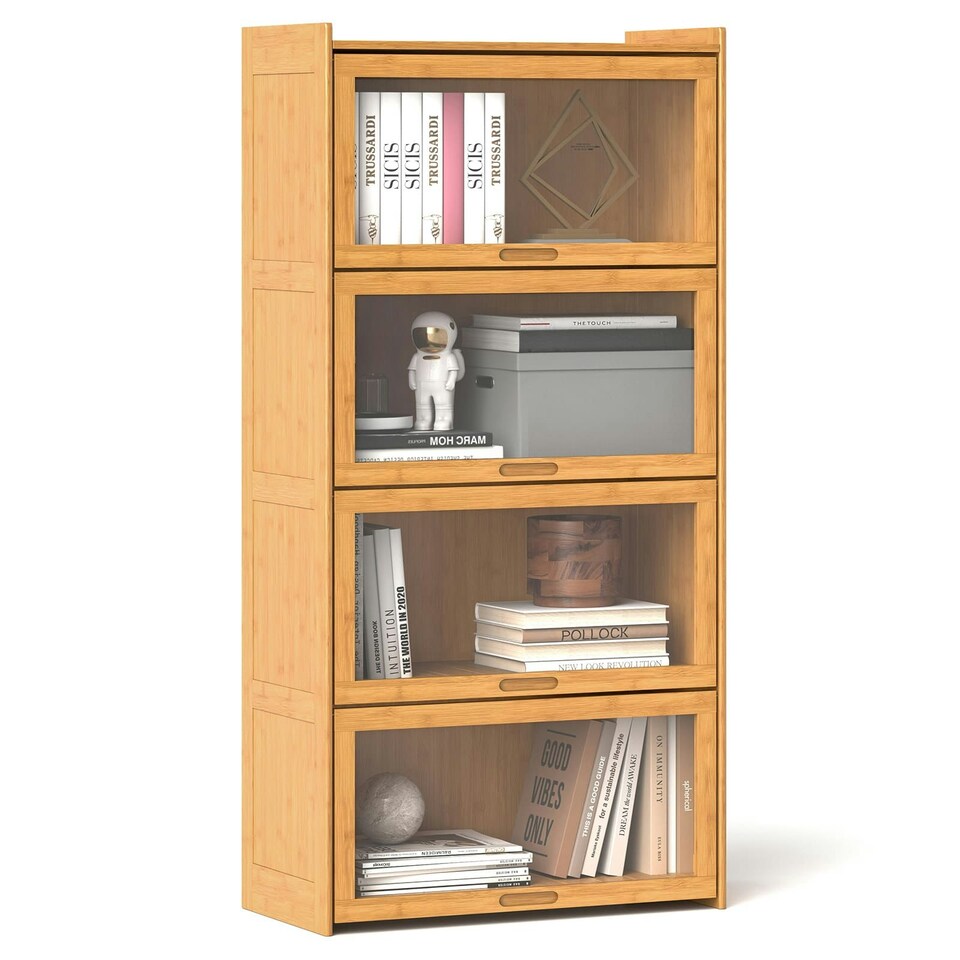 image 1 of COSTWAY 4-Tier Bookcase Bamboo Bookshelf with Doors Natural Brown