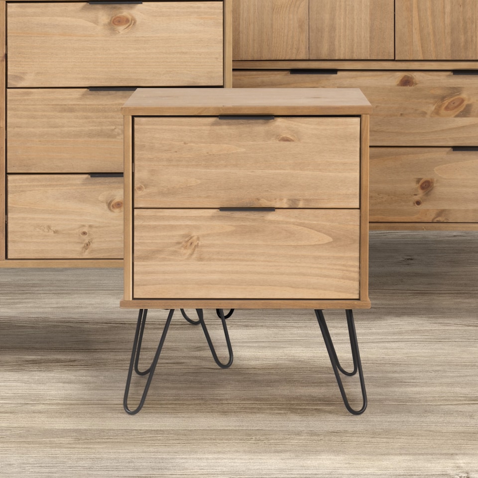 image 1 of Augusta 2 Drawer Bedside Table - Modern Industrial Style Nightstand for Bedrooms | Brown | Antique Waxed Pine | One Size | 1